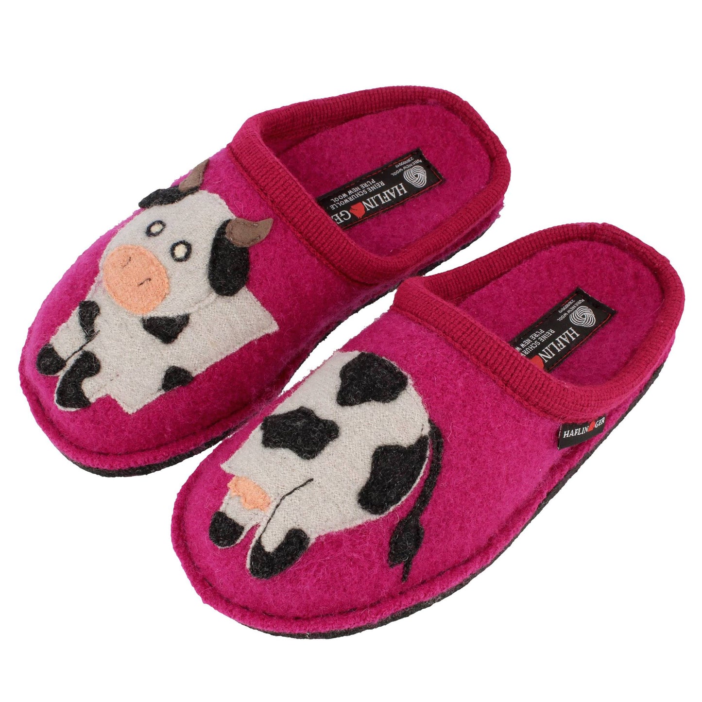 Haflinger AR Molly home slippers unisex cow motif pink wool felt sole