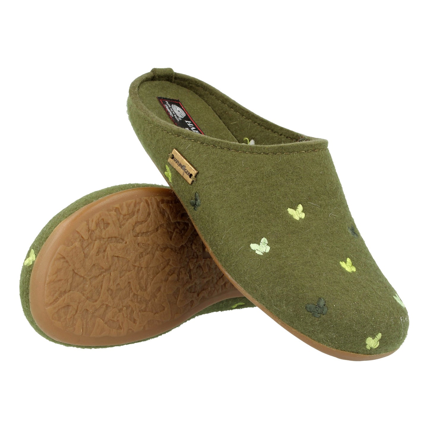 Haflinger Everst Api home slippers unisex butterly motif green rubber sole