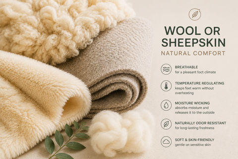 Natural virgin wool and genuine sheepskin as breathable, skin-friendly natural materials with temperature-regulating properties for exceptional comfort.