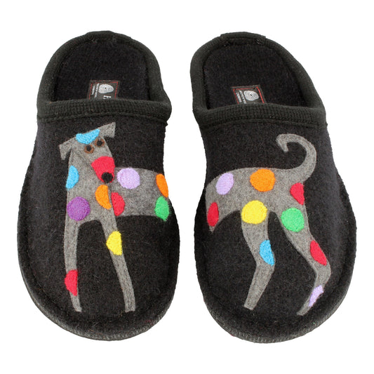 Haflinger AR Jack home slippers unisex dog motif black wool felt sole