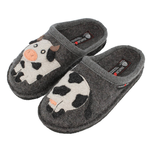 Haflinger AR Molly home slippers unisex cow motif anthracite wool felt sole