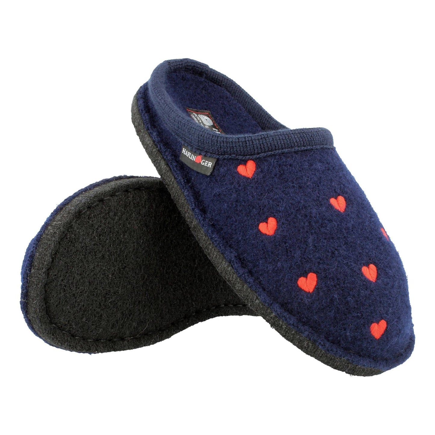 Haflinger Valentine home slippers unisex heart motif blue felt sole