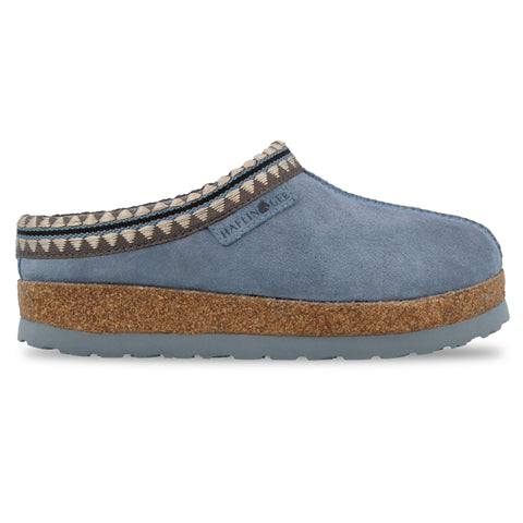 Blue slipper by Haflinger made of soft lambskin and cork footbed