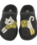 Stay cozy in this graphite-colored wool slipper featuring a charming embroidered cat on the front. Comfortable warmth for everyday indoor wear.