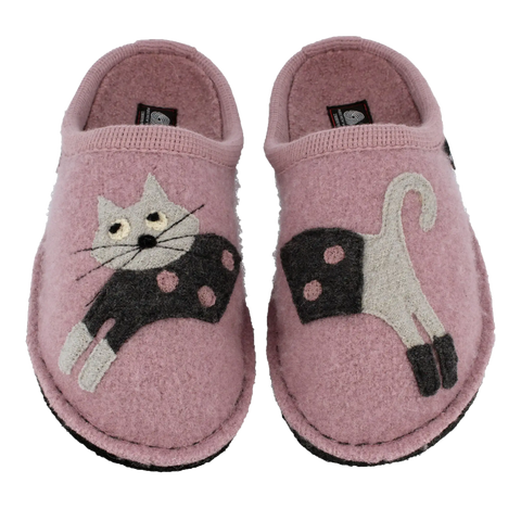 Stay cozy in this Rosewood-colored wool slipper featuring a charming embroidered cat on the front. Comfortable warmth for everyday indoor wear.