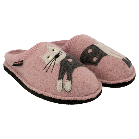 Stay cozy in this Rosewood-colored wool slipper featuring a charming embroidered cat on the side. Comfortable warmth for everyday indoor wear.