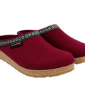 Grizzly GZ - Bordo-colored wool felt house slipper, shown from the side, featuring white, green, and red webbing trim around the upper edge.