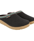 Grizzly GZ - Black-colored wool felt house slipper, shown from the side, featuring white, green, and red webbing trim around the upper edge.