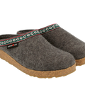 Grizzly GZ - Graphite-colored wool felt house slipper, shown from the side, featuring white, green, and red webbing trim around the upper edge.