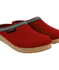 Grizzly GZ - Chili-colored wool felt house slipper, shown from the side, featuring white, green, and red webbing trim around the upper edge.