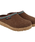 Grizzly GZ - Chocolate-colored wool felt house slipper, shown from the side, featuring white, green, and red webbing trim around the upper edge.