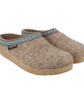 Grizzly GZ - Earth-colored wool felt house slipper, shown from the side, featuring white, green, and red webbing trim around the upper edge.