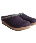 Grizzly GZ - Eggplant-colored wool felt house slipper, shown from the side, featuring white, green, and red webbing trim around the upper edge.