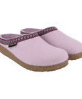 Grizzly GZ - Liliac-colored wool felt house slipper, shown from the side, featuring white, green, and red webbing trim around the upper edge.