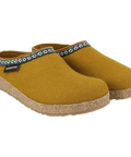 Grizzly GZ - Masala-colored wool felt house slipper, shown from the side, featuring white, green, and red webbing trim around the upper edge.
