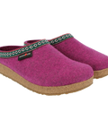 Grizzly GZ - Mulberry-colored wool felt house slipper, shown from the side, featuring white, green, and red webbing trim around the upper edge.