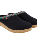 Grizzly GZ - Navy-colored wool felt house slipper, shown from the side, featuring white, green, and red webbing trim around the upper edge.
